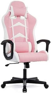 Silla Gaming Rosa con Respaldo Alto Cojín Lumbar & Cabeza Almohada, Altura Ajustable 360° Giratorio y Reposabrazos Fijos.